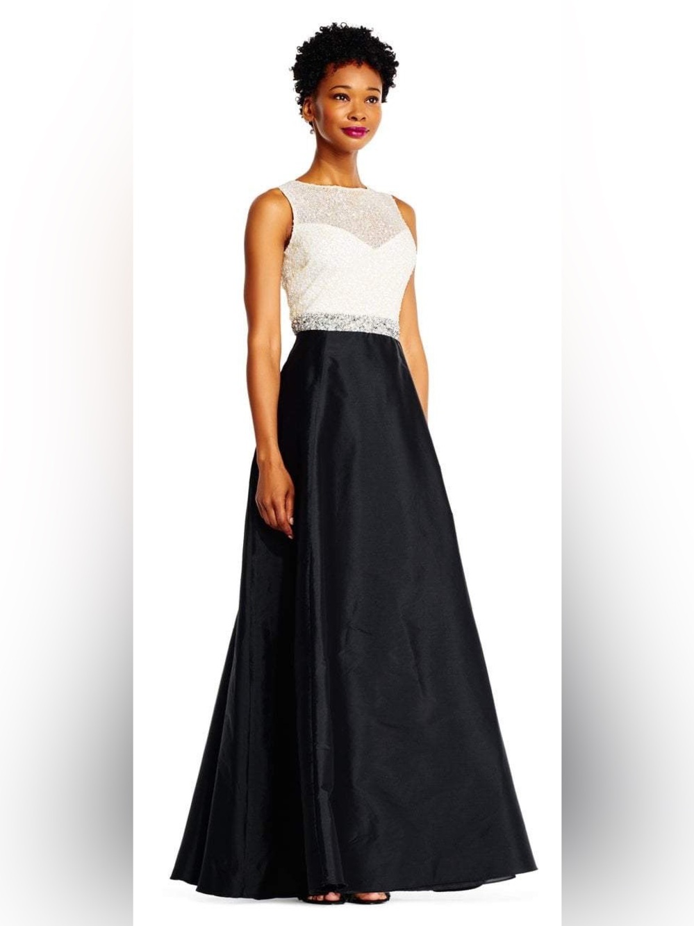 Adrianna Papell Black and Ivory Beaded Bodice Evening Gown